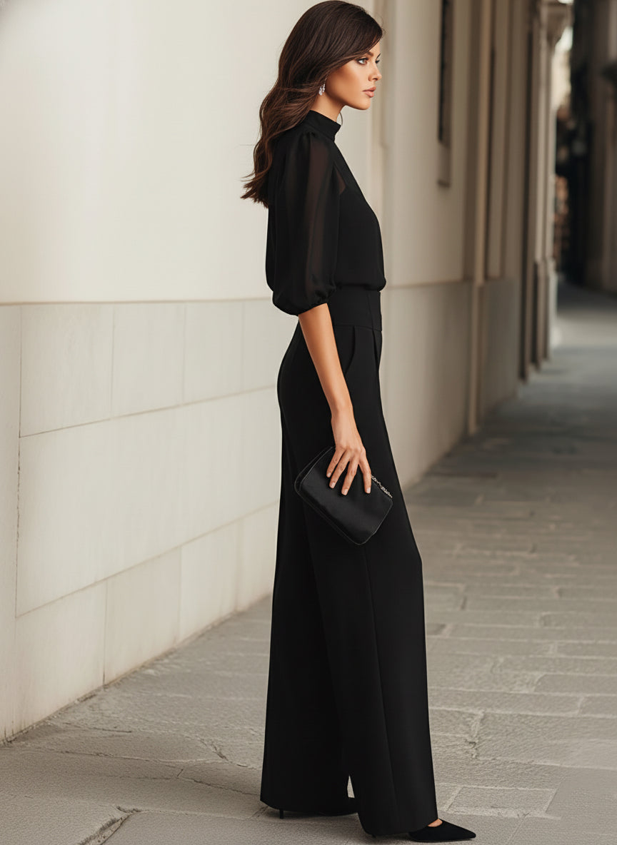 Black Chiffon Top And Wide Leg Pants Three Piece Set