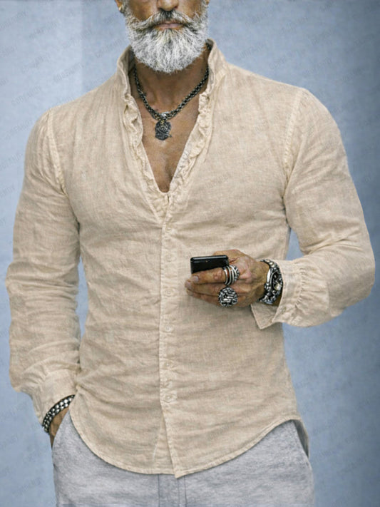 Ruffled Neckline Cotton Long Sleeves Shirt