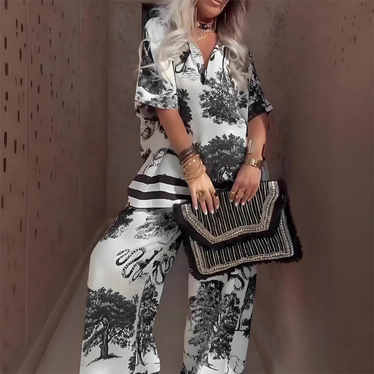 🌸50 % pour une Durée Limitée ✨ Haut Imprimé à Col en V + Pantalon Long – Style Élégant et Léger pour l'Été