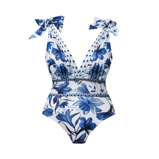 V Neck Lace Up Boho Breeze Blue Floral Swimsuit&Skirt&Pants