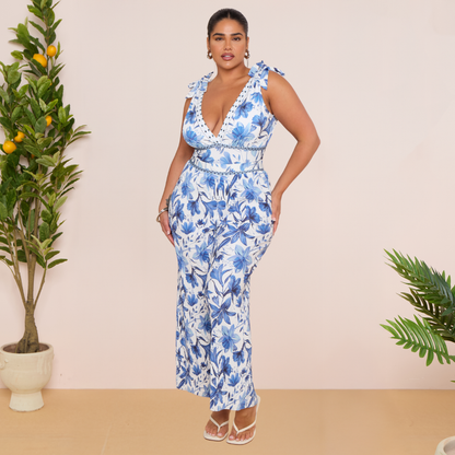 V Neck Lace Up Boho Breeze Blue Floral Swimsuit&Skirt&Pants