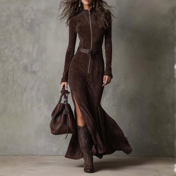 Nuovo™ | Vestido largo efecto ante con cremallera central - Nuovo&CO