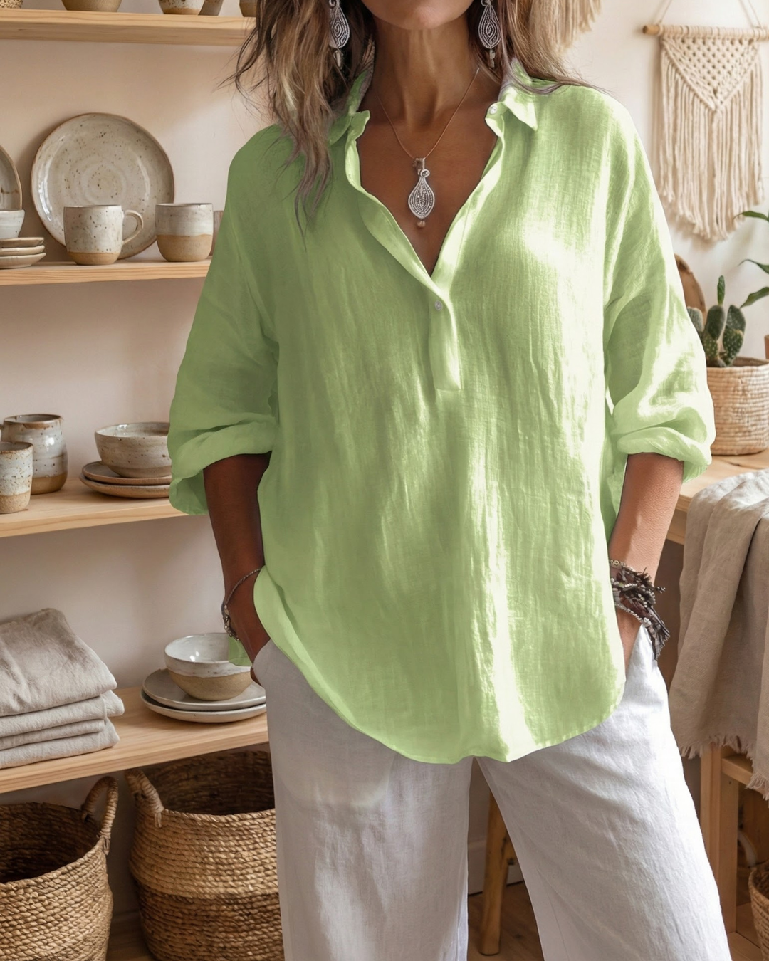 Modelo con la camisa Duna color blanca. perfecto para cualquier ocasión.