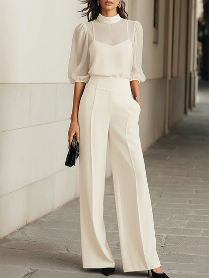 Black Chiffon Top And Wide Leg Pants Three Piece Set