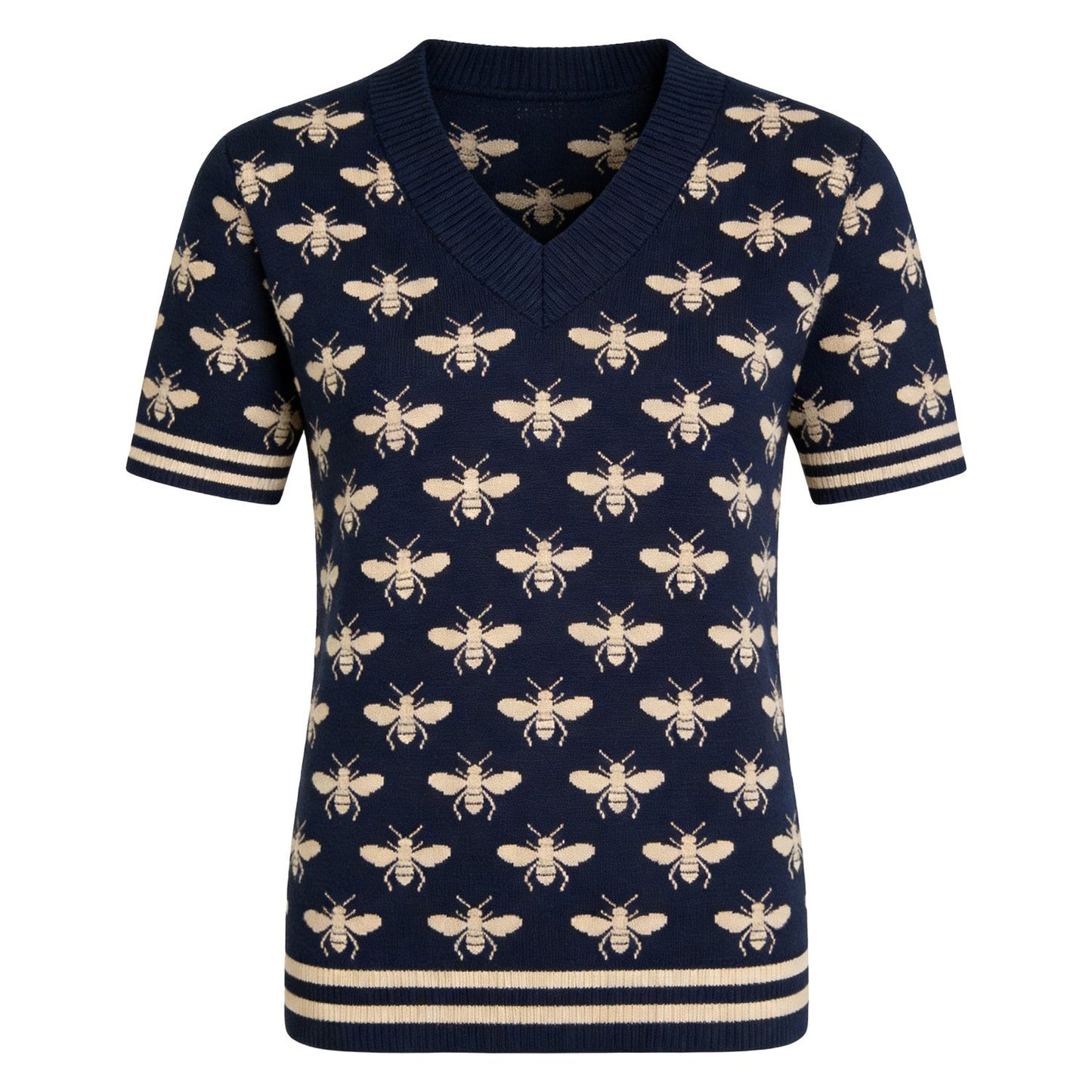 Women's Dark Blue Vintage Insect Art Jacquard Knit T-Shirt