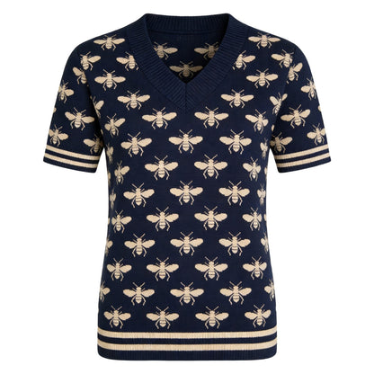 Women's Dark Blue Vintage Insect Art Jacquard Knit T-Shirt