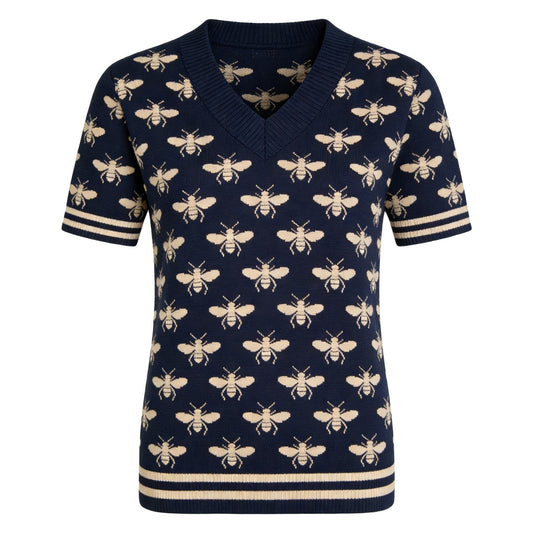 Women's Dark Blue Vintage Insect Art Jacquard Knit T-Shirt