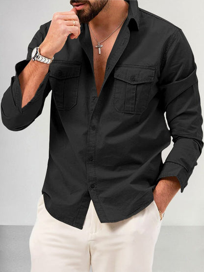 Casual Double Pockets Solid Shirt Shirts coofandy Black S 