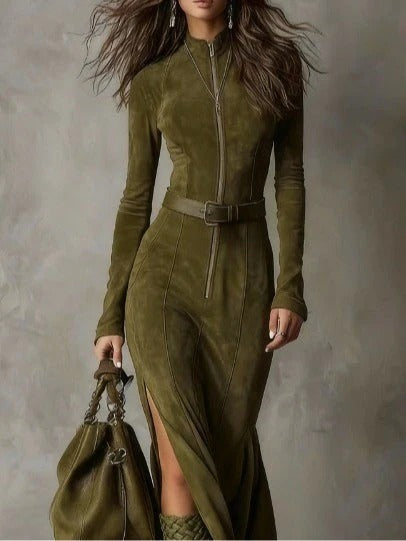 Nuovo™ | Vestido largo efecto ante con cremallera central - Nuovo&CO