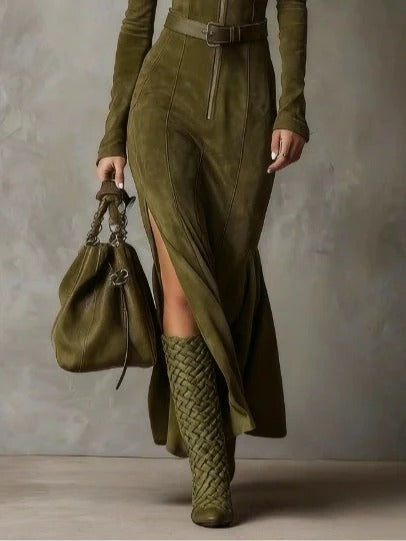 Nuovo™ | Vestido largo efecto ante con cremallera central - Nuovo&CO