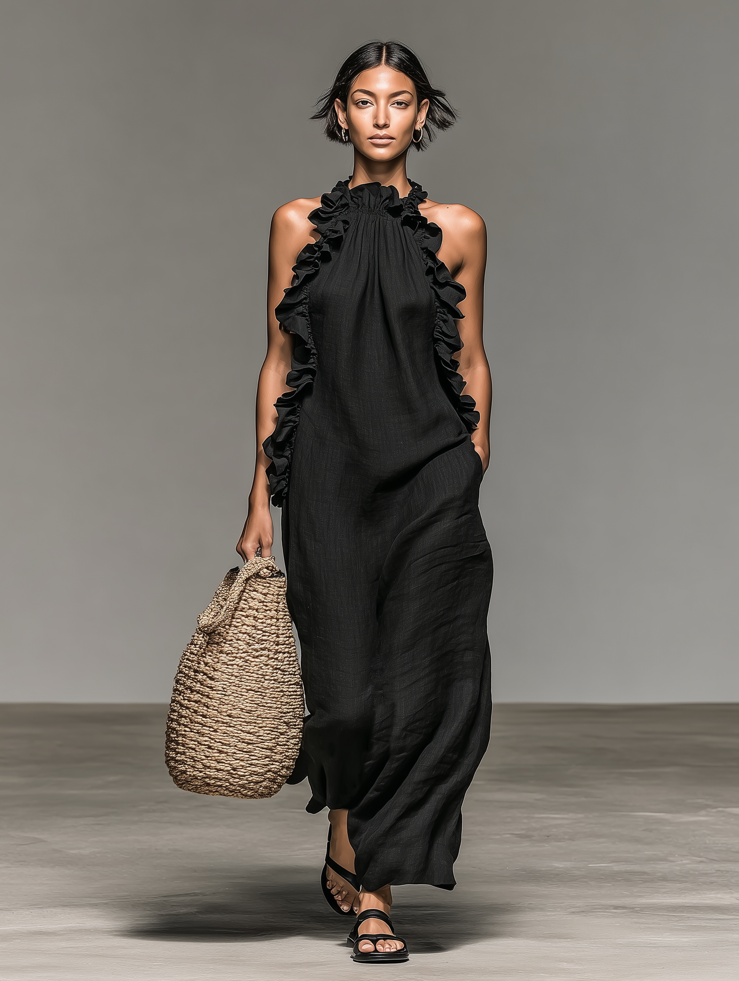 Women's Minimalist Linen-blend Sleeveless Maxi Dress With Ruffle Details MDZ1622A0Y