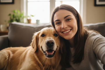 foto como hecha con un movil como si fuera un selfie de una mujer con su perro