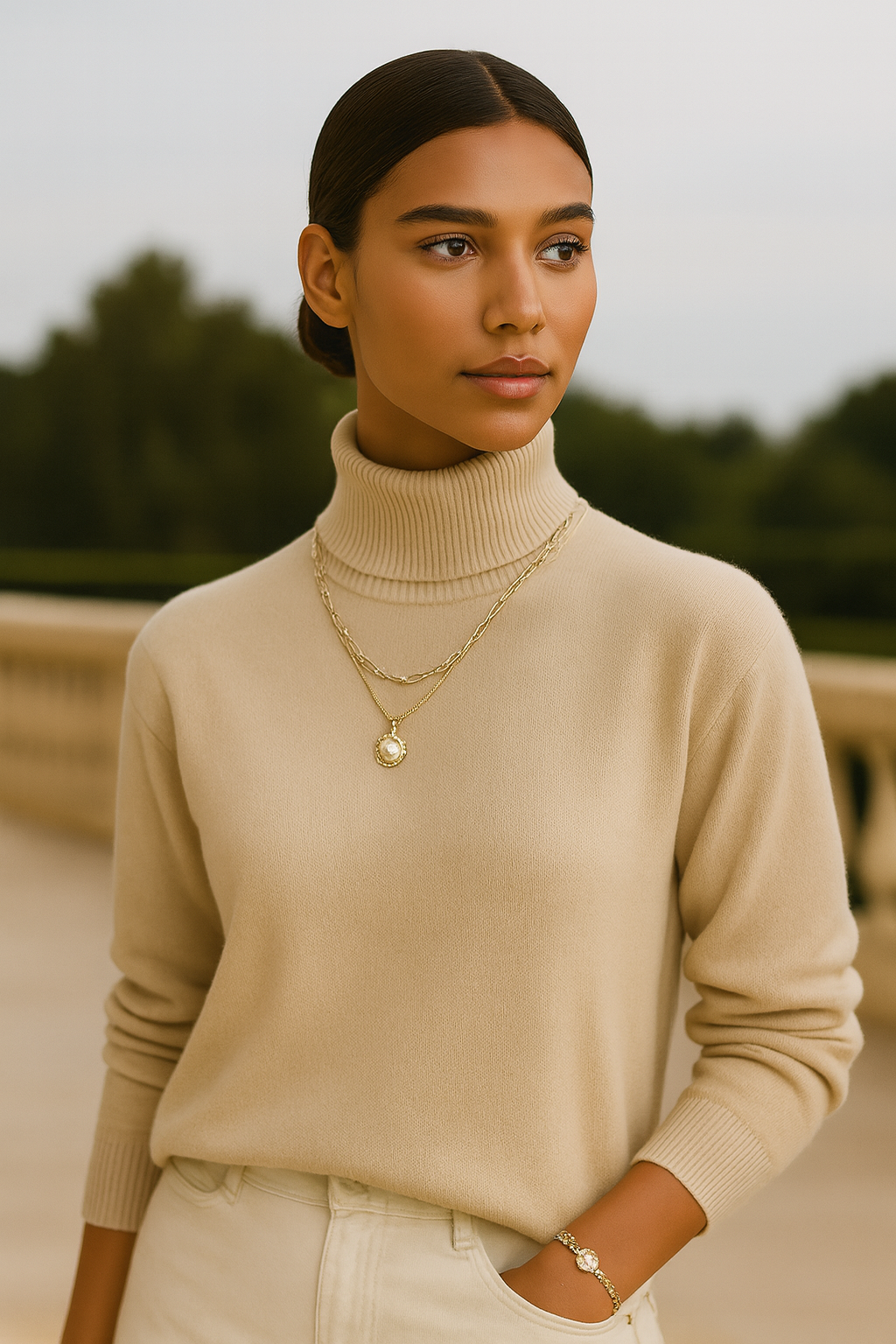 modelo con jersey beige de lana