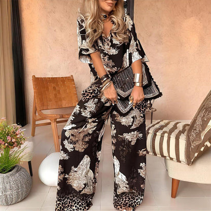 🌸50 % pour une Durée Limitée ✨ Haut Imprimé à Col en V + Pantalon Long – Style Élégant et Léger pour l'Été