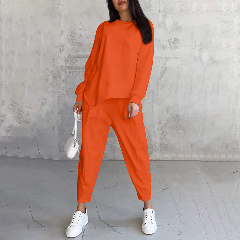 🌸✨Conjunto Feminino: Sweatshirt de Manga Longa com Barra Irregular e Calças
