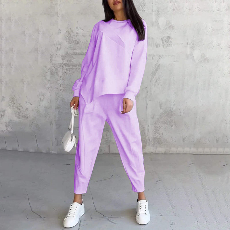 🌸✨Conjunto Feminino: Sweatshirt de Manga Longa com Barra Irregular e Calças