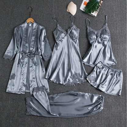 Women's Satin Lounge Set – Robe, Shorts, Camisole, Slip Dress